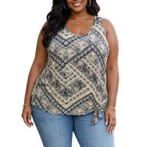 Lane Bryant Plus Size 22/24 Tank Top Black Cream Paisley Print Side Tie Hem